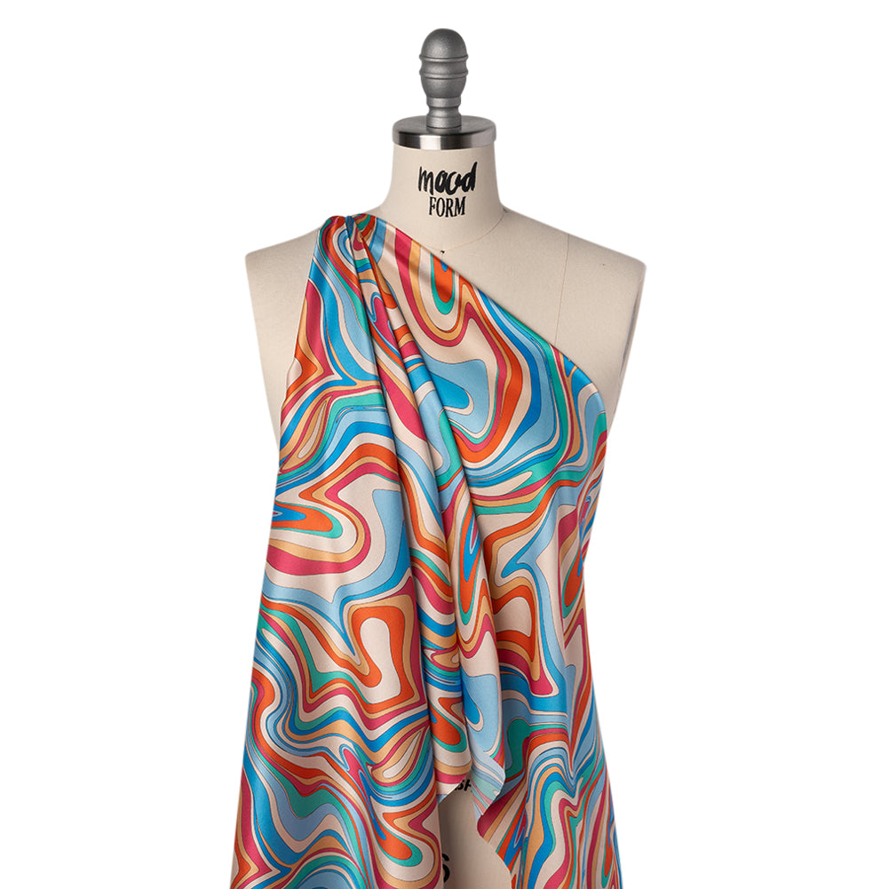 Silk Charmeuse Print 16MM, Made in Italy - Blue, Orange and Pink Retro Swirls - Joann Fabrics