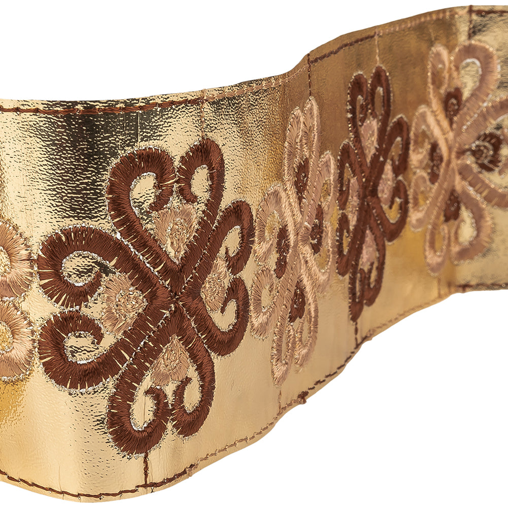 Vintage English Beige and Brown Embroidered Gold Metallic Vinyl Ribbon - 2.75