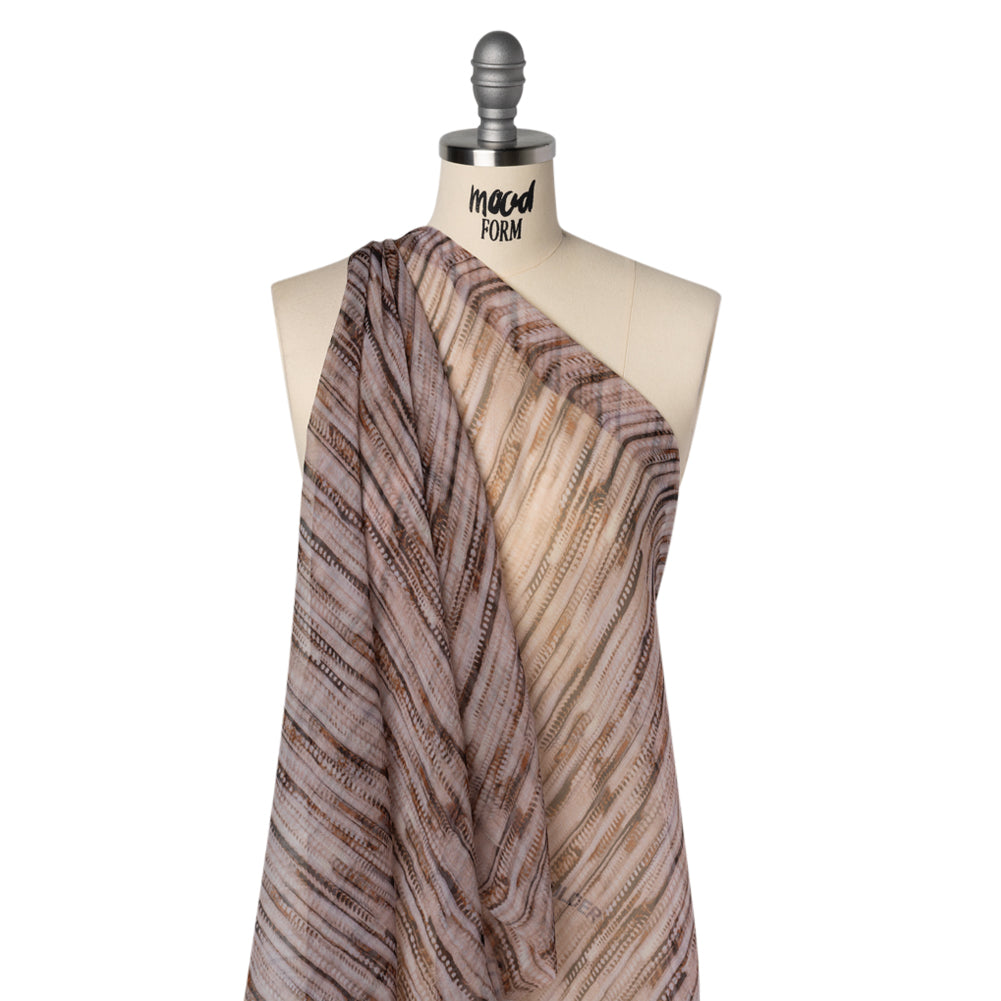 Crinkled Silk Chiffon Print - Lilac Gray, Brown and Black Feathery Stripes - Deadstock - Joann Fabrics