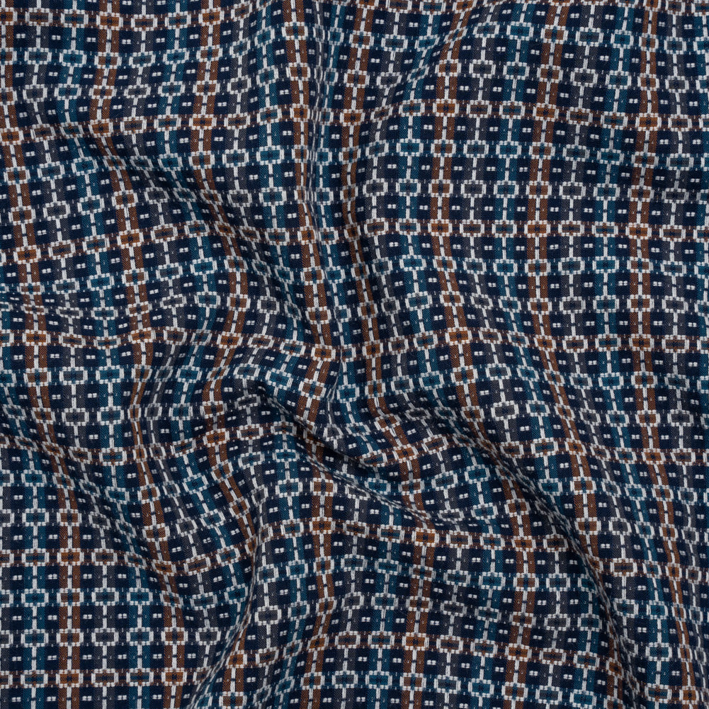 Geometric Cotton Dobby - Blue, Brown and White Boxes on Stripes - Deadstock - Joann Fabrics
