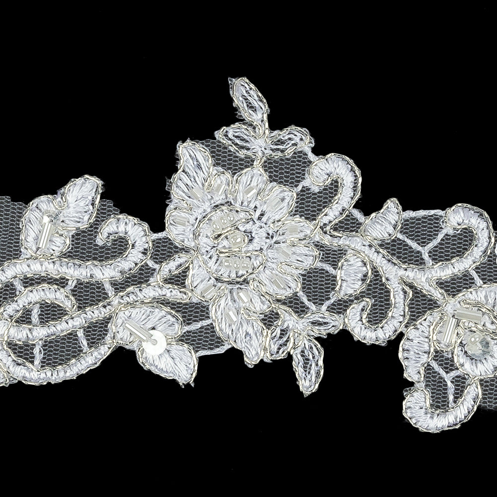 White Floral Beaded Bridal Lace Trim with Metallic Silver Cording - 2.5