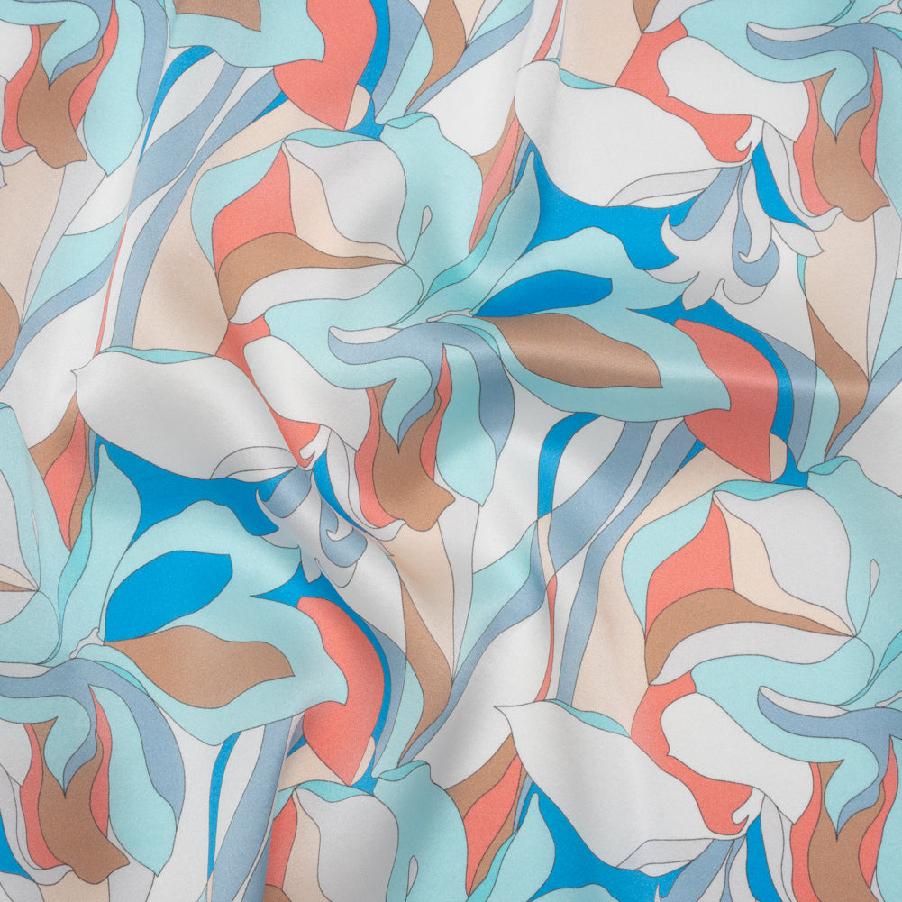 Silk Charmeuse Print 16MM, Made in Italy - Aqua Blue, Tan and Coral Pink Retro Lily Florals - Joann Fabrics
