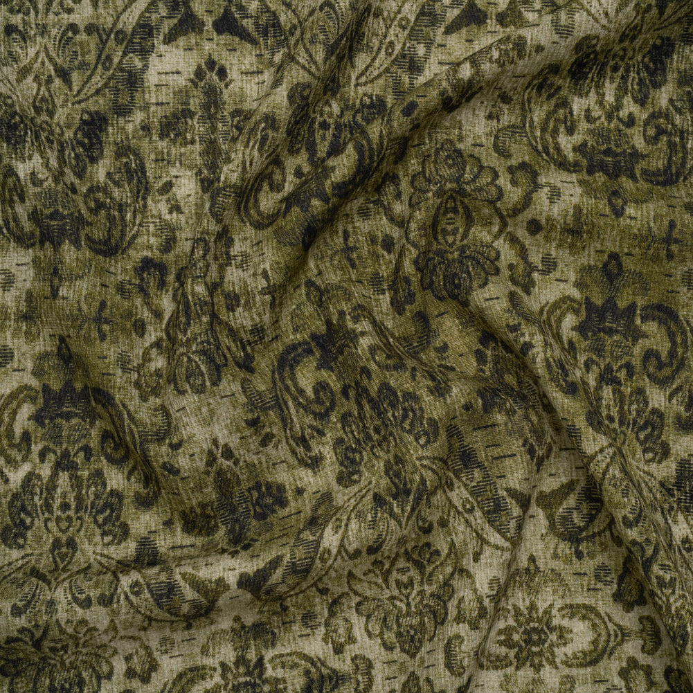 Slubbed Gauzy Cotton Woven - Olive and Dark Green Distressed Floral Damask - Mood Exclusive Reflecting Revelations Print - Joann Fabrics