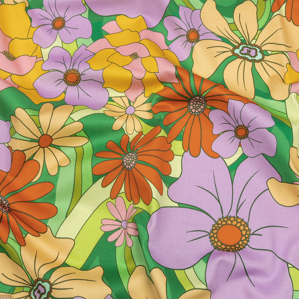 Stretch Cotton Sateen - Green, Purple and Orange Floral - Fanciful Flourish Print - Mood Exclusive Groove Collection - Joann Fabrics