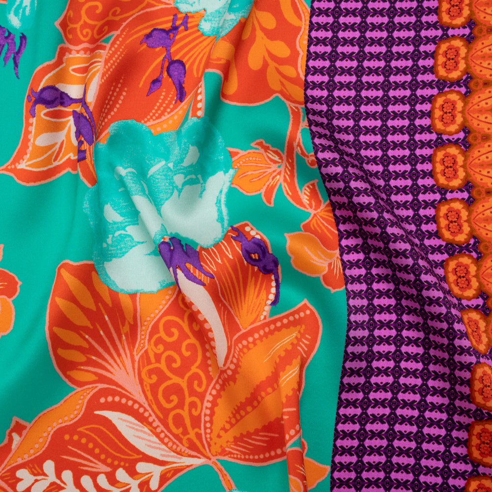 Silk Charmeuse Print 16MM, Made in Italy - Orange, Dark Mint and Purple Floral and Abstract Stripes - Joann Fabrics