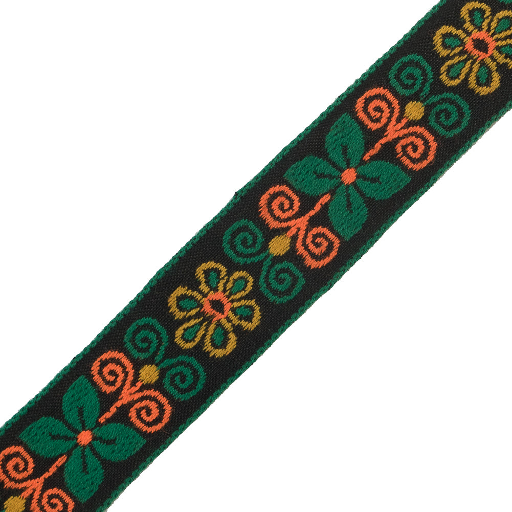Green and Neon Orange Floral German Jacquard Ribbon - 1