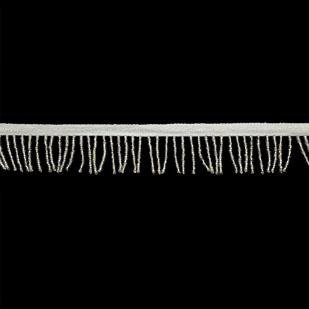 Vintage Silver and White Seed Beaded Chainette Fringe - 1