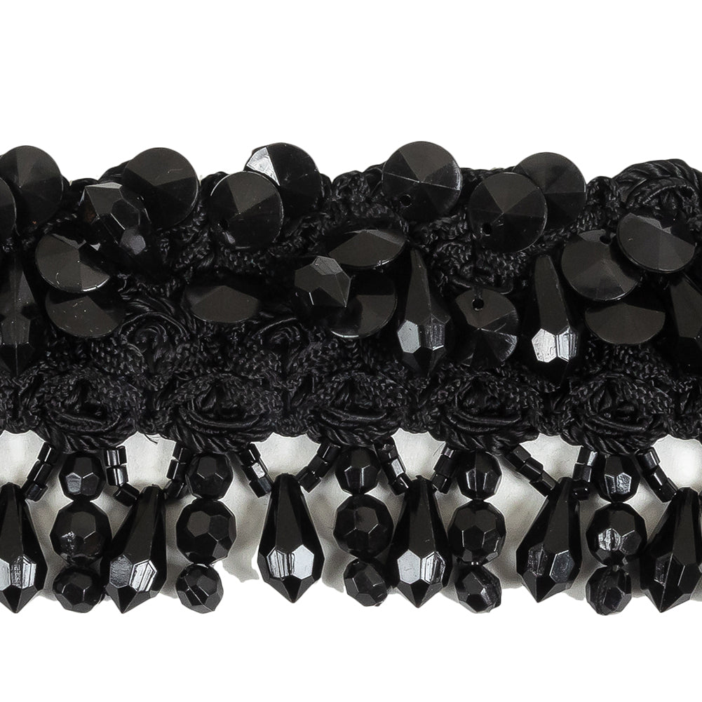 Vintage Black Ornate Braided Trim with Beaded Fringe - 2.25