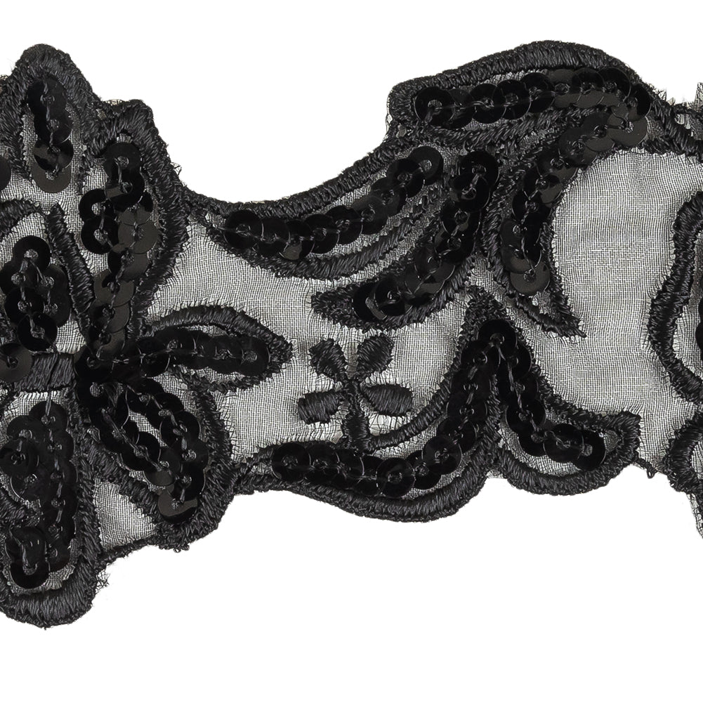 Black Floral Sequined and Embroidered Mesh Trim - 3