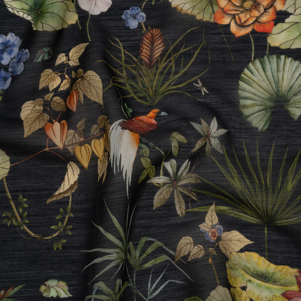 Slubbed Sheer Silk Woven Print Made in Italy - Black, Green and Orange Tropical Flora and Fauna - Deadstock - Joann Fabrics