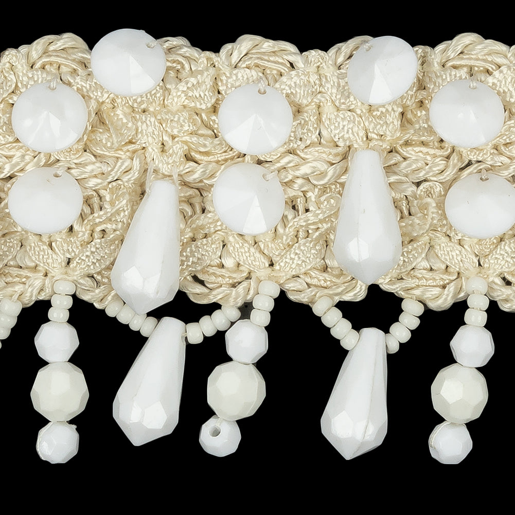Vintage Ivory Ornate Braided Trim with White Beaded Fringe - 2.25