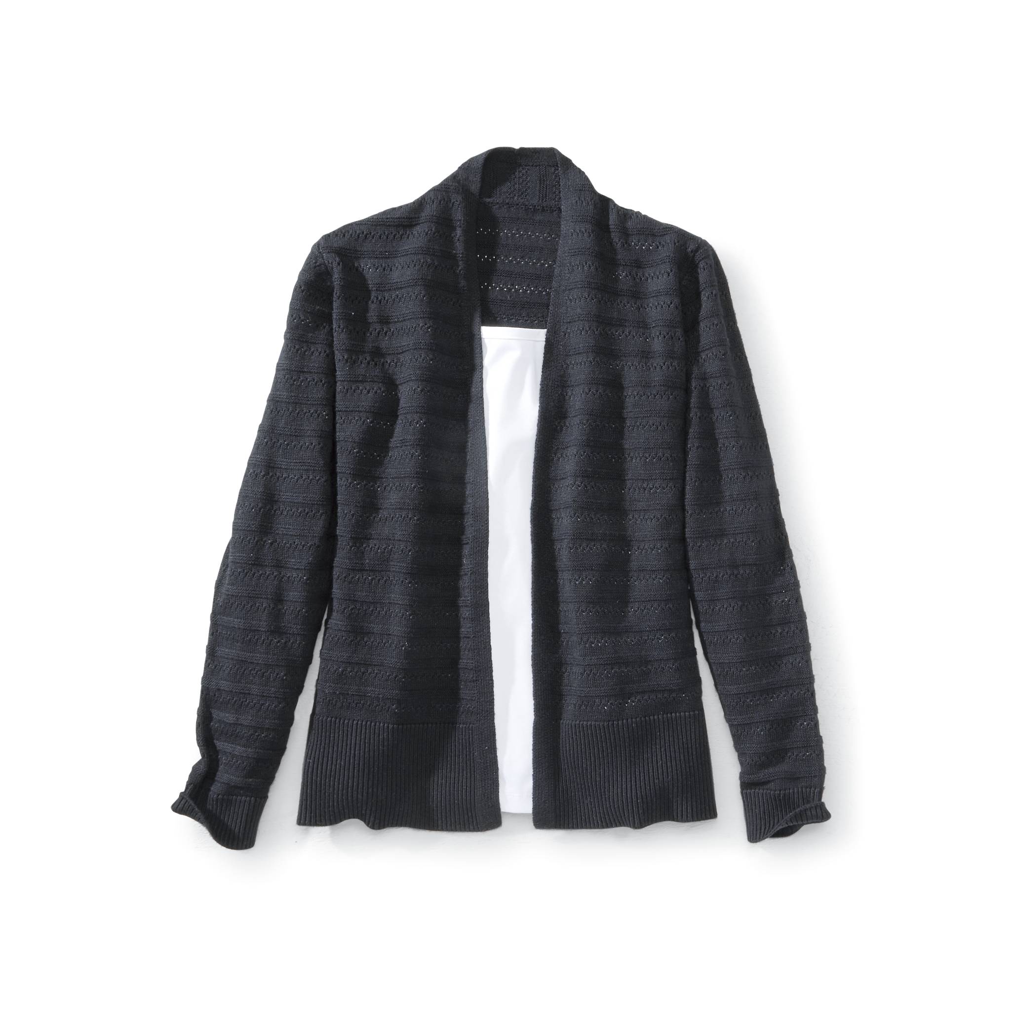 Textured Tonal Stripe Cardigan, Open Front, Bracelet Sleeves - Northstyle Catalog