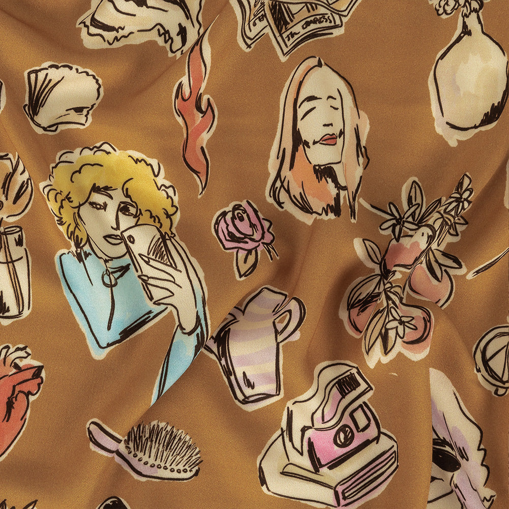 Rayon Challis - Golden Faces and Objects - Everyday Goddess Print - Mood Exclusive Wisteria Collection - Joann Fabrics