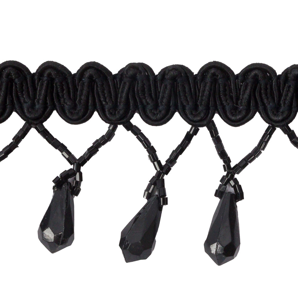 Vintage Black Teardrop Beaded Fringe on Black Gimp Braid - 2