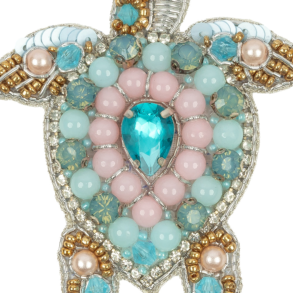 Silver, Baby Blue and Pale Pink Sea Turtle Rhinestone and Glass Beaded Applique - 2.75