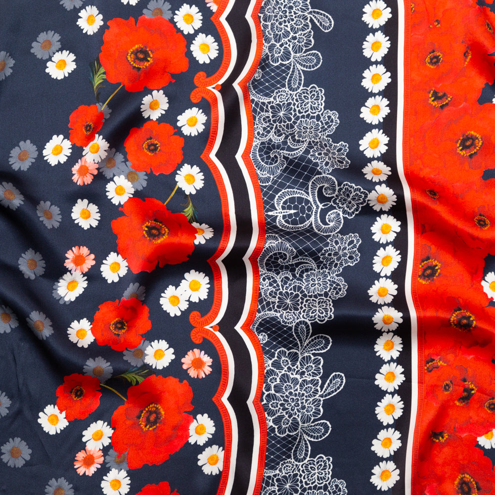 Mood Exclusive Italian Navy, Red and Gray Floral Border Digitally Printed Silk Charmeuse - Joann Fabrics