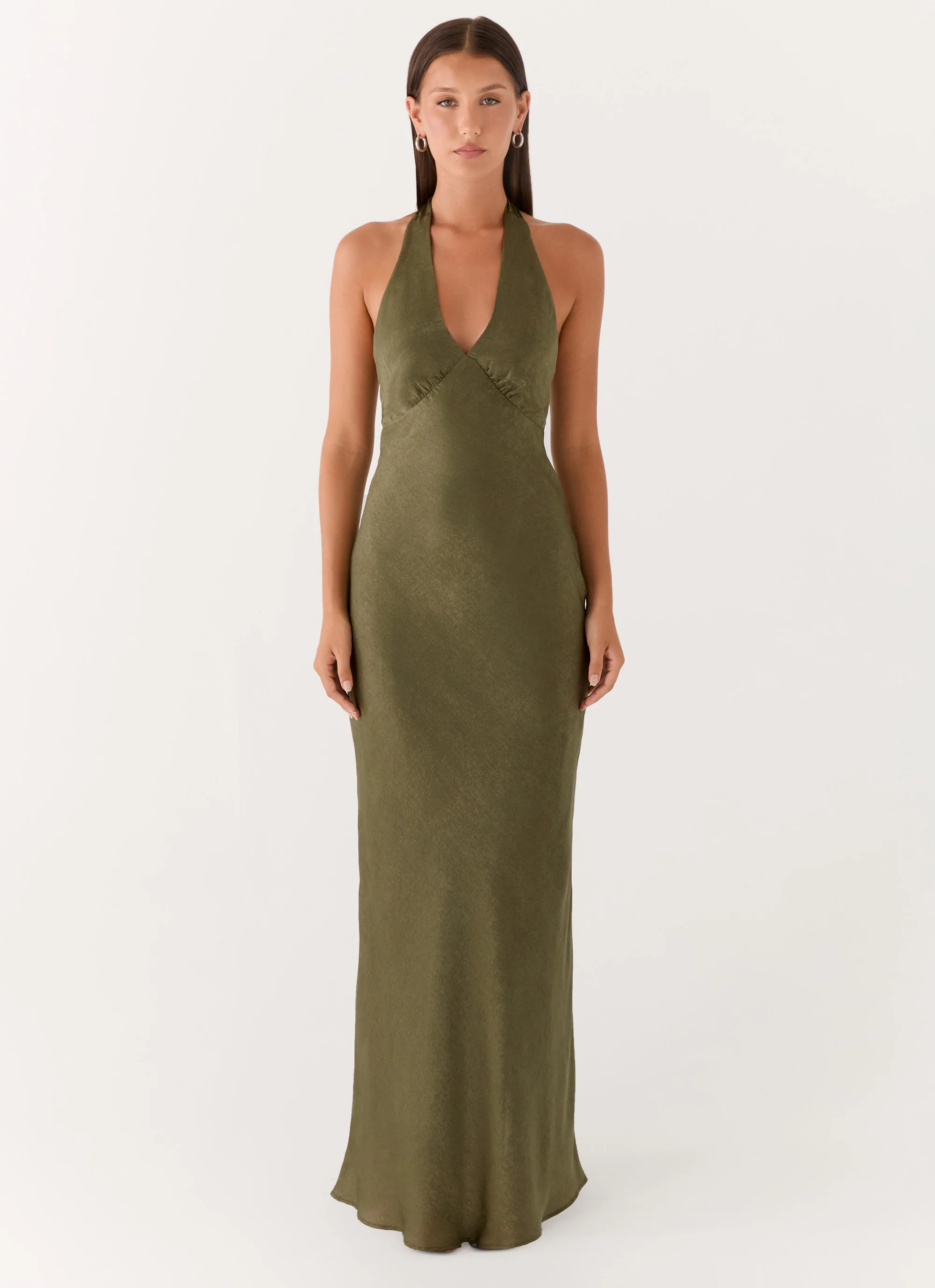 Heavy Hearted Satin Maxi Dress - Khaki