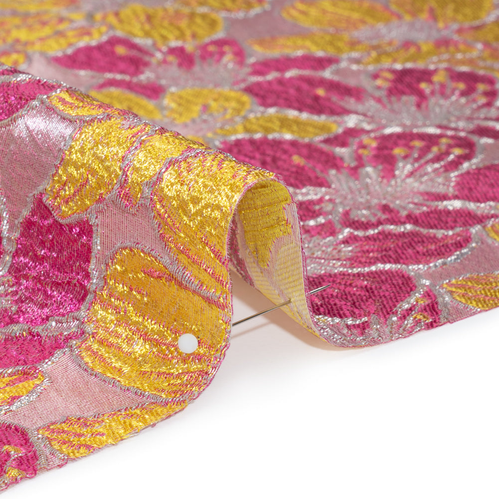 Metallic Brocade - Bright Pink, Yellow and Silver Floating Blossoms - Joann Fabrics