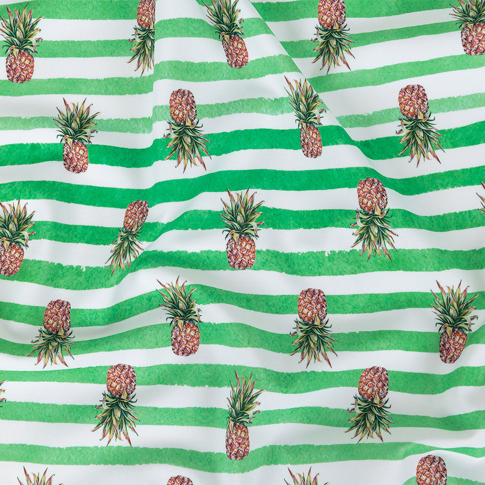 Compression Swimwear Tricot, UV Protective with Aloe Vera Microcapsules - Green and White Painted Stripes and Pineapples - Caye Collection - Joann Fabrics
