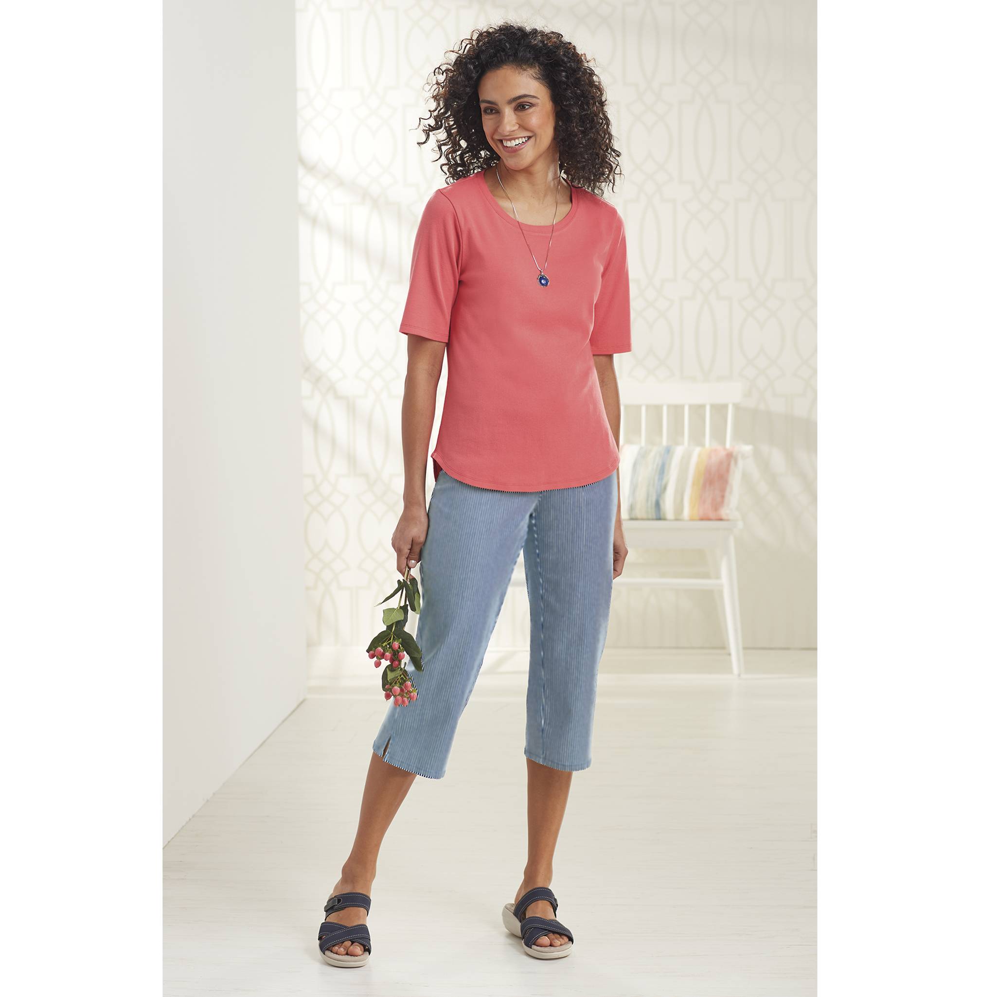 Striped Pull On Capri, Stretch Denim, Wide Waist, Front Pockets - Northstyle Catalog