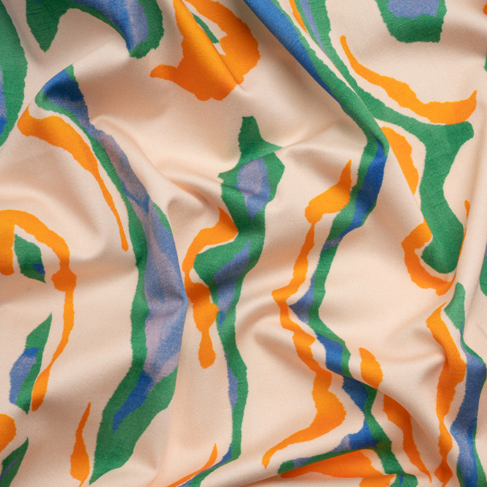 Stretch Cotton Sateen - Cream, Green and Orange Abstract - Gogh with the Flow Print - Mood Exclusive Marigold Collection - Joann Fabrics