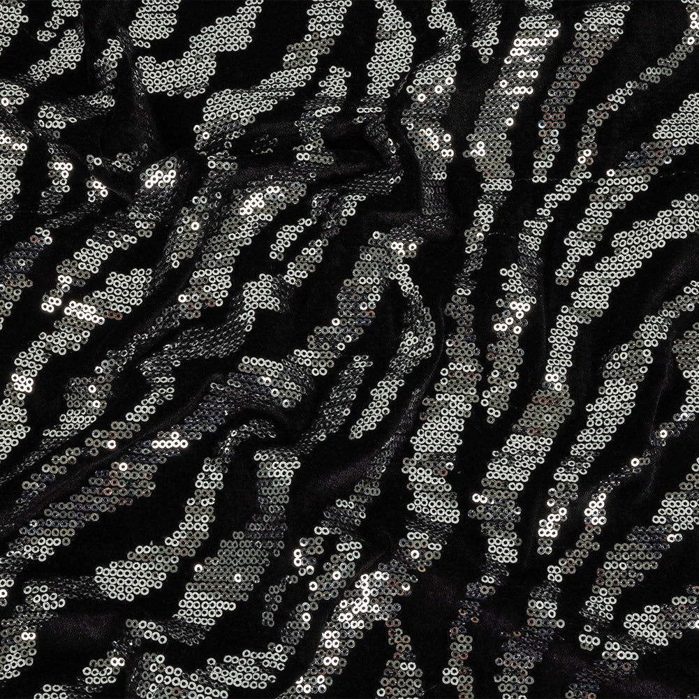 Black Stretch Velour with Silver Zebra Patterned Sequins - Joann Fabrics