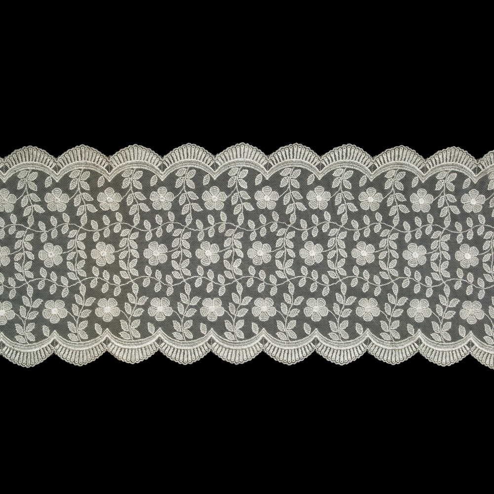 European Ivory Floral Embroidered Stretch Scalloped Lace Trim - 8