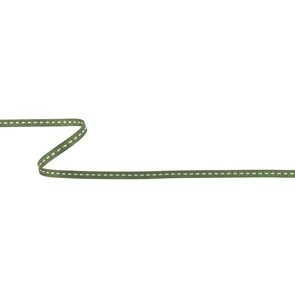 Kale Green Grosgrain Ribbon with Bright White Stitching - 0.25