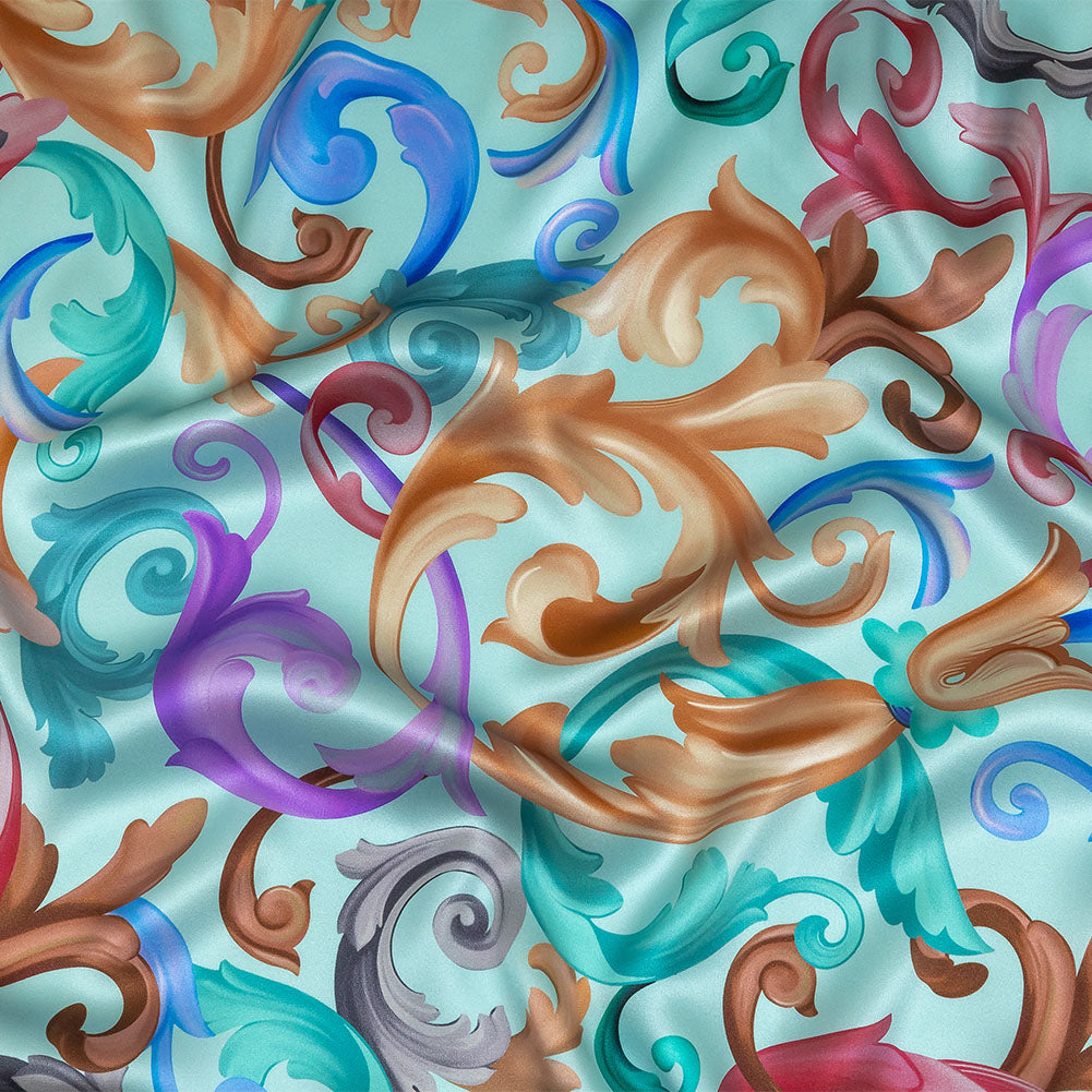 Mood Exclusive Italian Mint and Rainbow Ornate Swirls Silk Charmeuse - Joann Fabrics