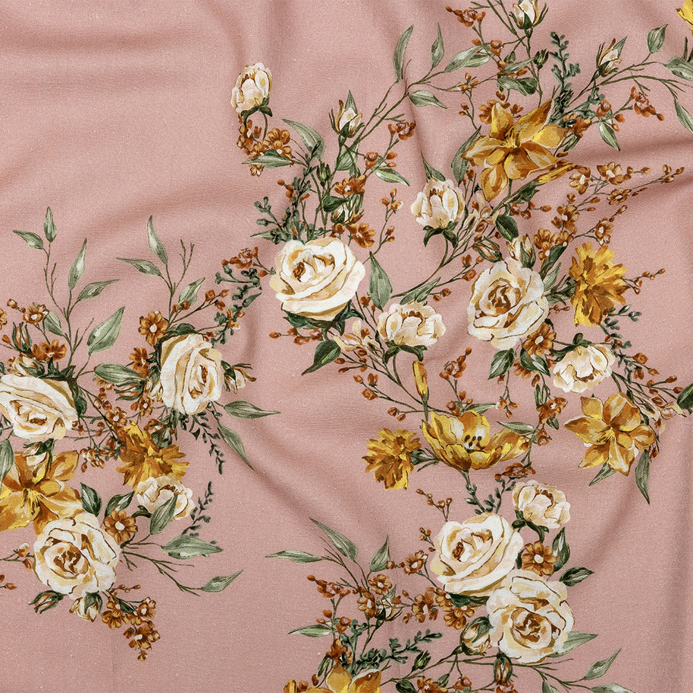 Linen and Rayon Woven - Pink, Yellow and White Rose Sprays - Bella Verona Print - Mood Exclusive Viso Collection - Joann Fabrics
