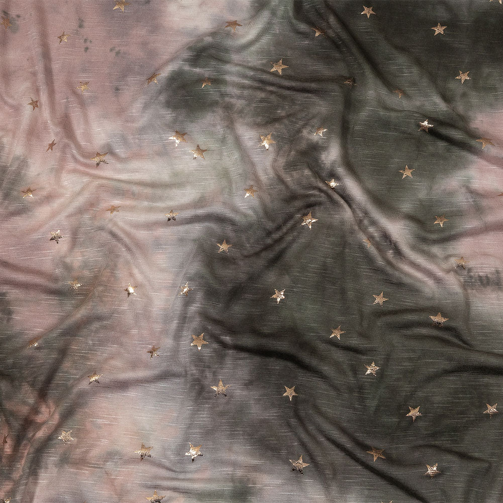 Pink, Olive and Metallic Gold Foiled Stars Slubbed Stretch Rayon Jersey - Joann Fabrics