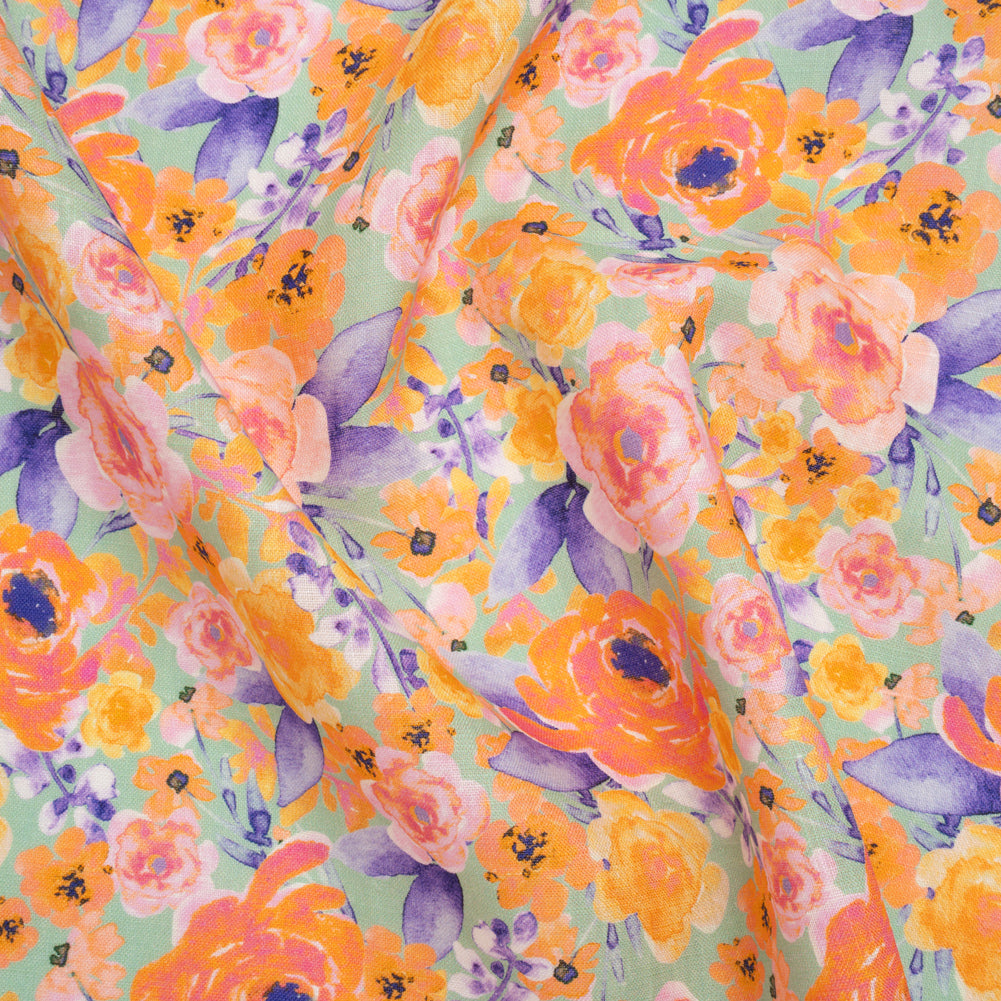 Lightweight Linen Woven Print - Light Sage, Purple and Orange Watercolor Florals - Joann Fabrics