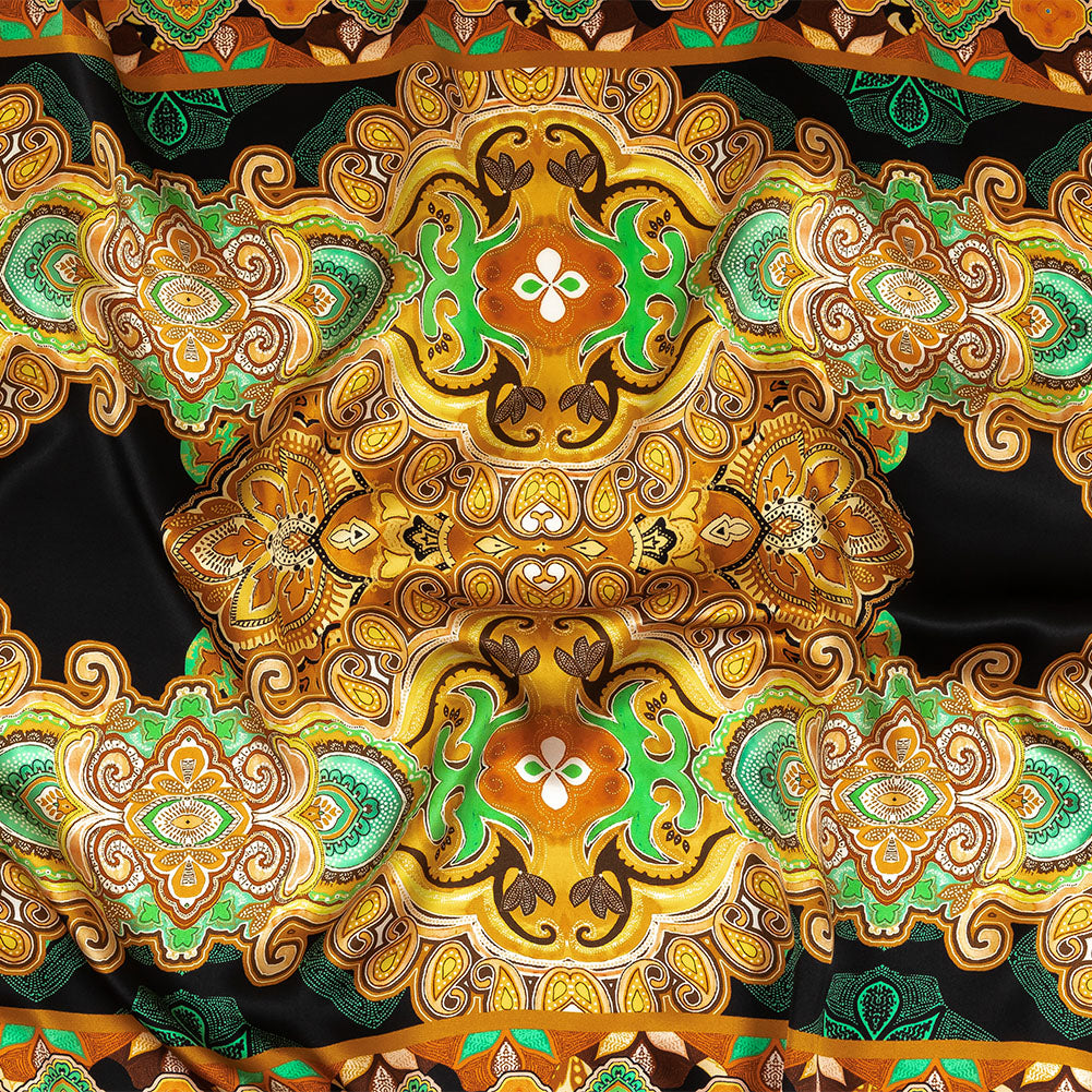 Mood Exclusive Italian Black, Gold and Green Floral Tile Silk Charmeuse - Joann Fabrics