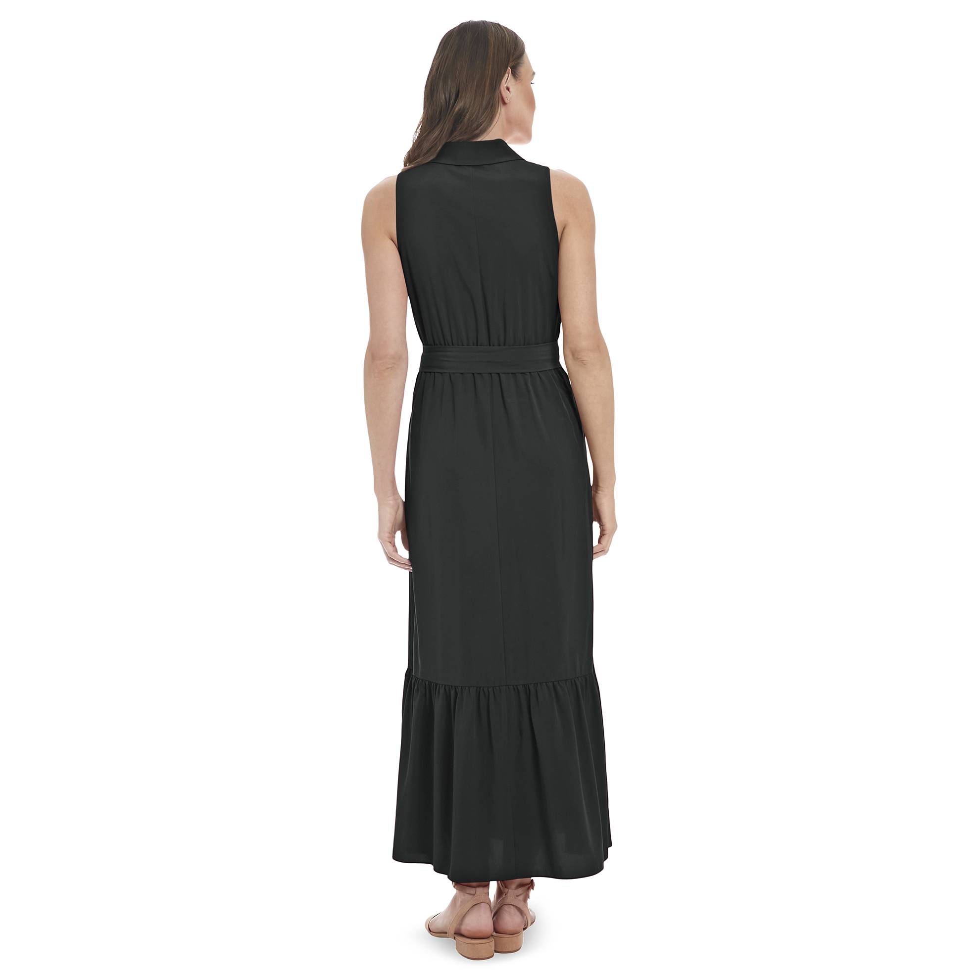 Sleeveless Black Maxi Shirtdress, Collared, Button Front, Removeable Belt - Northstyle Catalog