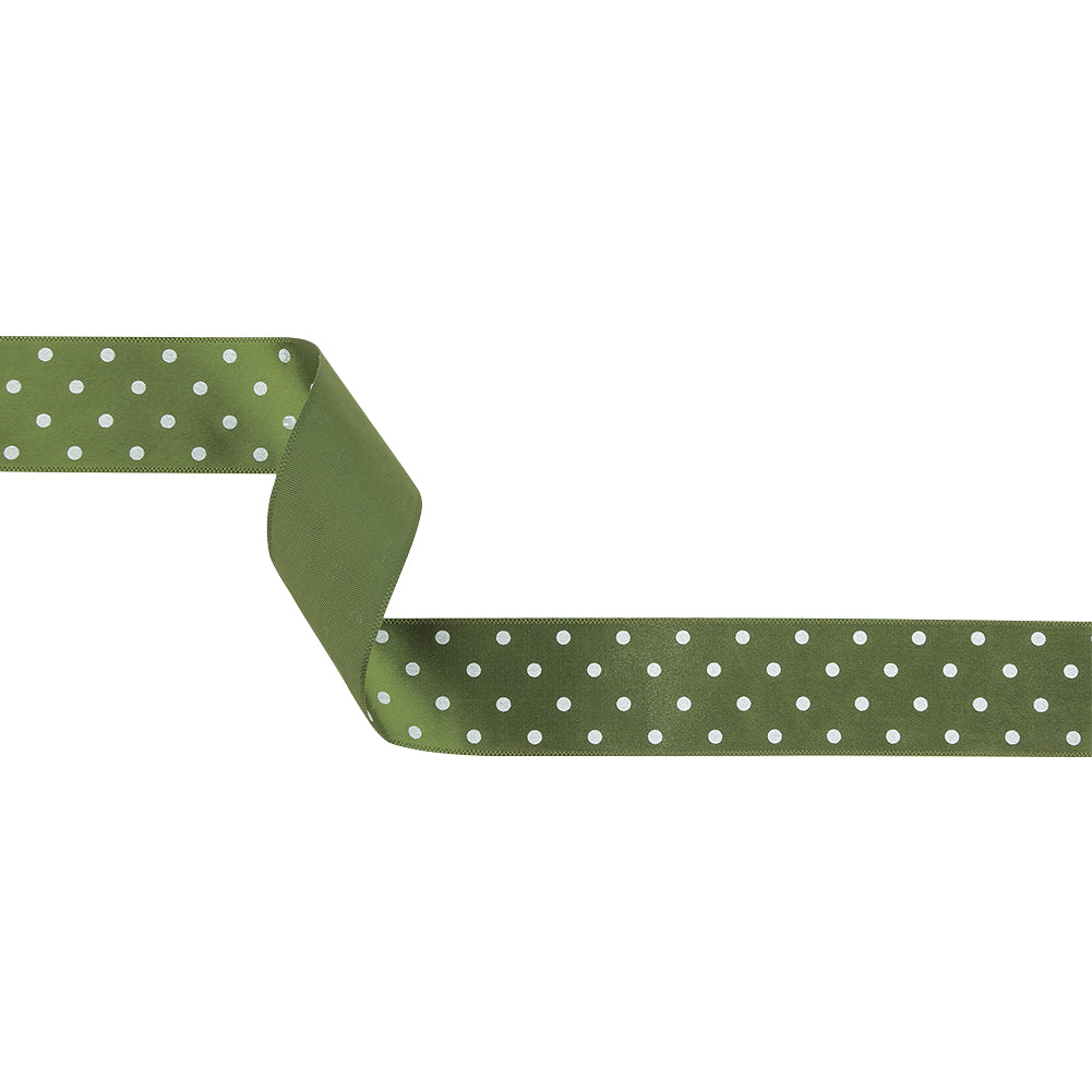 Olive and White Polka Dots Satin Ribbon - 1