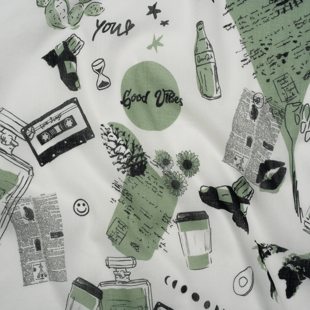 Crinkled Cotton Gauzy Woven - Sage Green, Black and White Miscellaneous Objects - Mood Exclusive Curated Curiosities Print - Joann Fabrics
