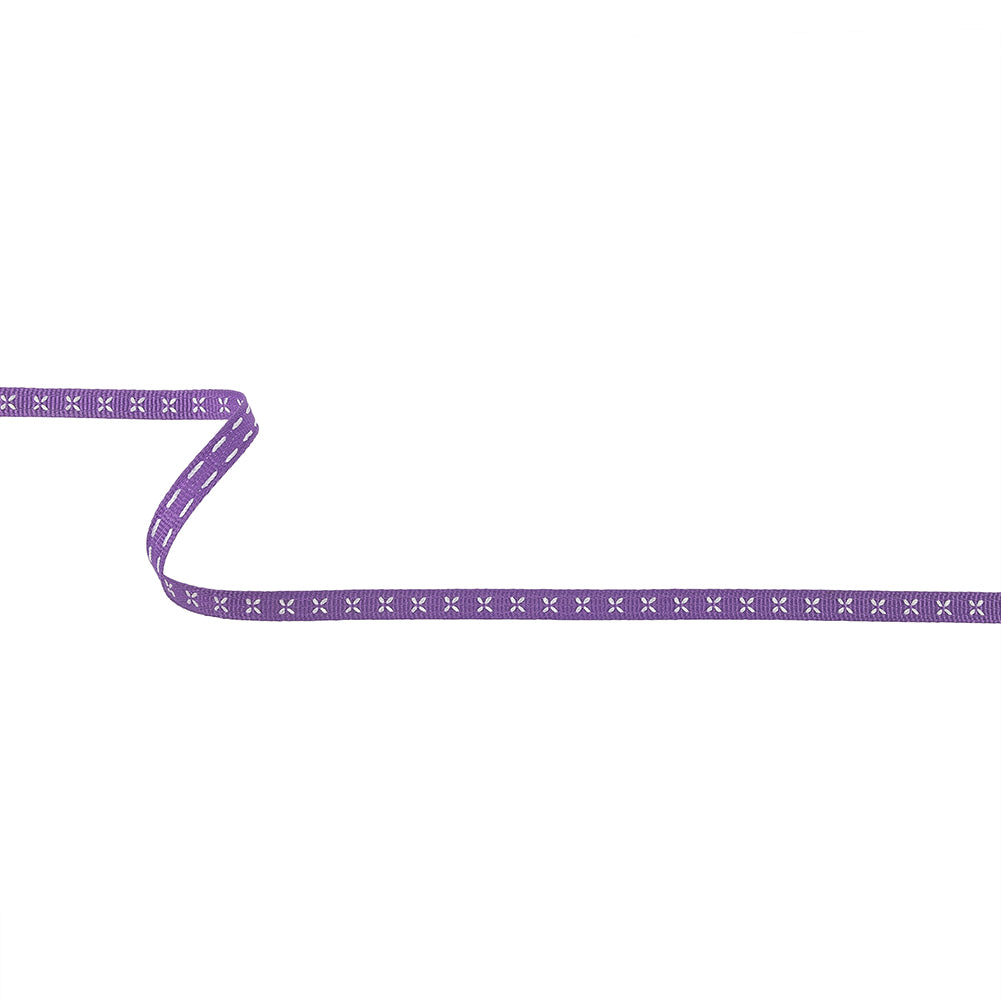 Purple Grosgrain Ribbon with Blanc de Blanc Stitched Flowers - 0.25