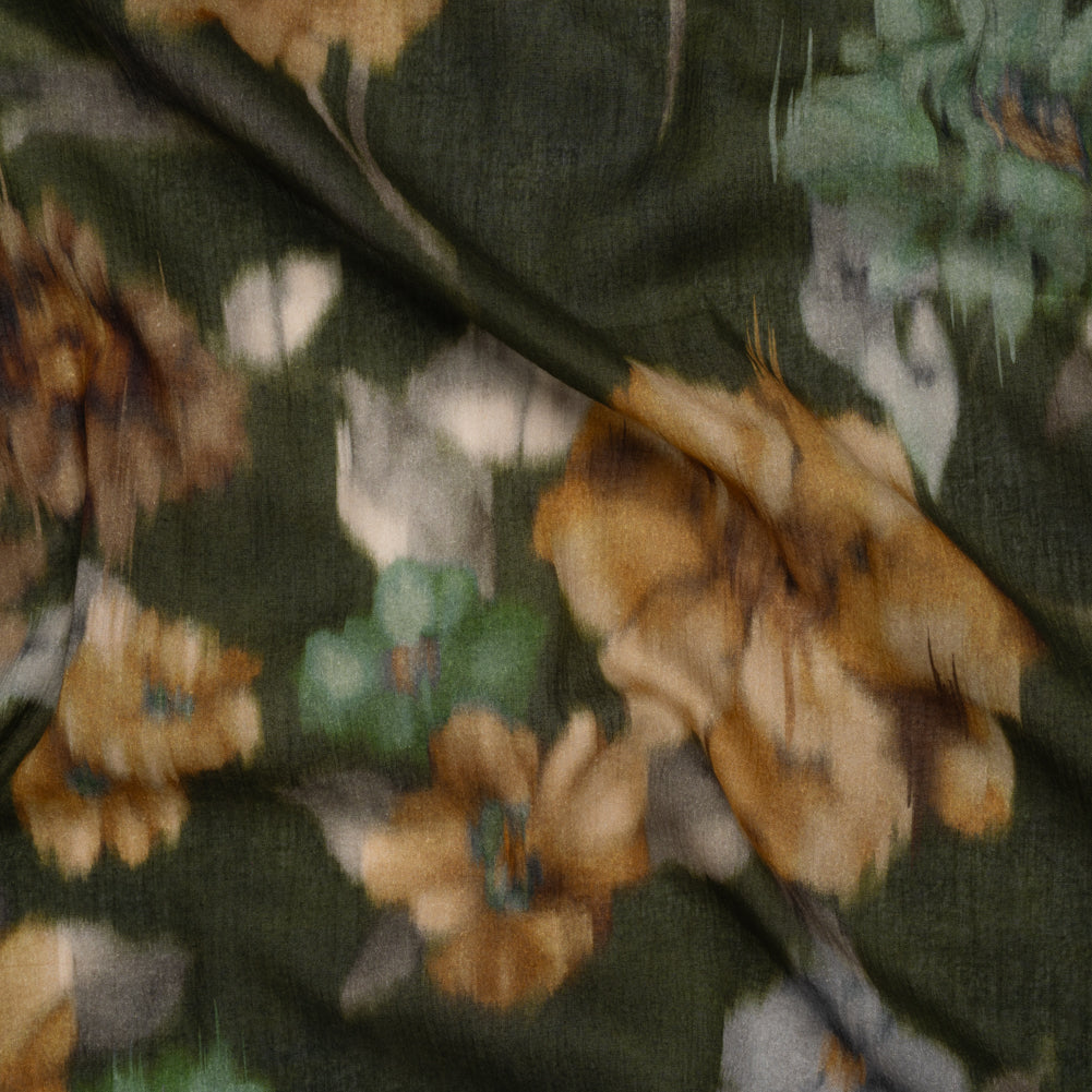 Crinkled Cotton Gauzy Woven - Olive Green, Tan and Gray Hazy Ikat Flowers - Mood Exclusive Blurred Blooms Print - Joann Fabrics