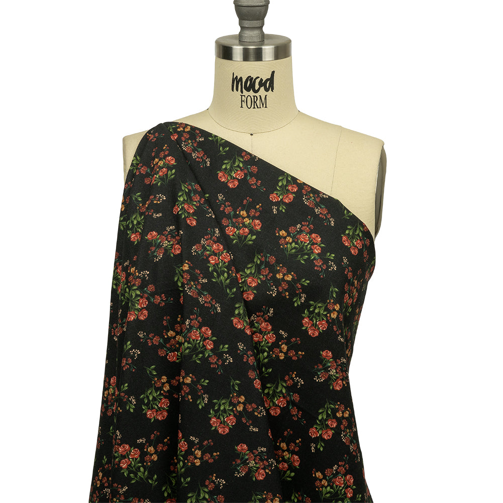Linen and Rayon Woven - Black and Pink Floral - Mason Jar Bouquet Print - Mood Exclusive Rockland Collection - Joann Fabrics