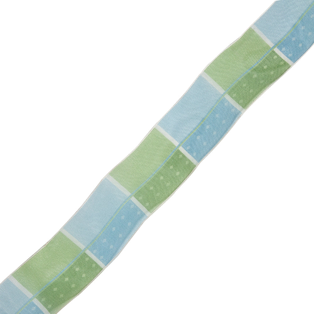 Grass Green, White and Sky Blue Polka Dots and Plaid Wired Organza Ribbon - 1.625