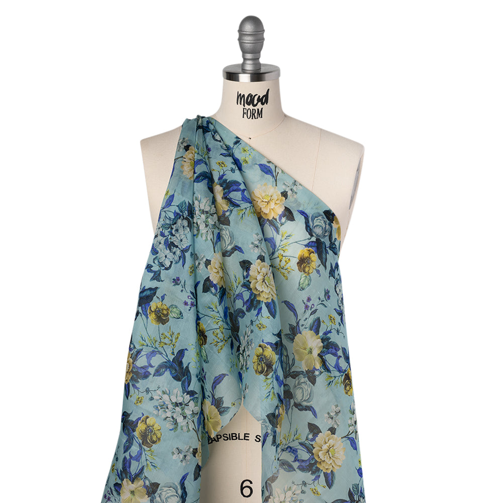 Slubbed Raw Silk Organza Print Made in Italy - Sky Blue, Ultramarine and Yellow Floral - Deadstock - Joann Fabrics