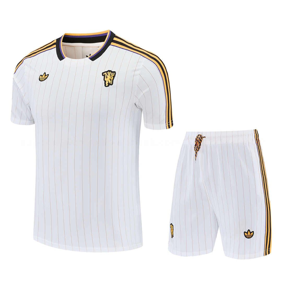 Manchester United 25-26 Retro Style Short-Sleeve Training Set - White With Thin Black Stripes Top & Pants - UnitedFutballJersey