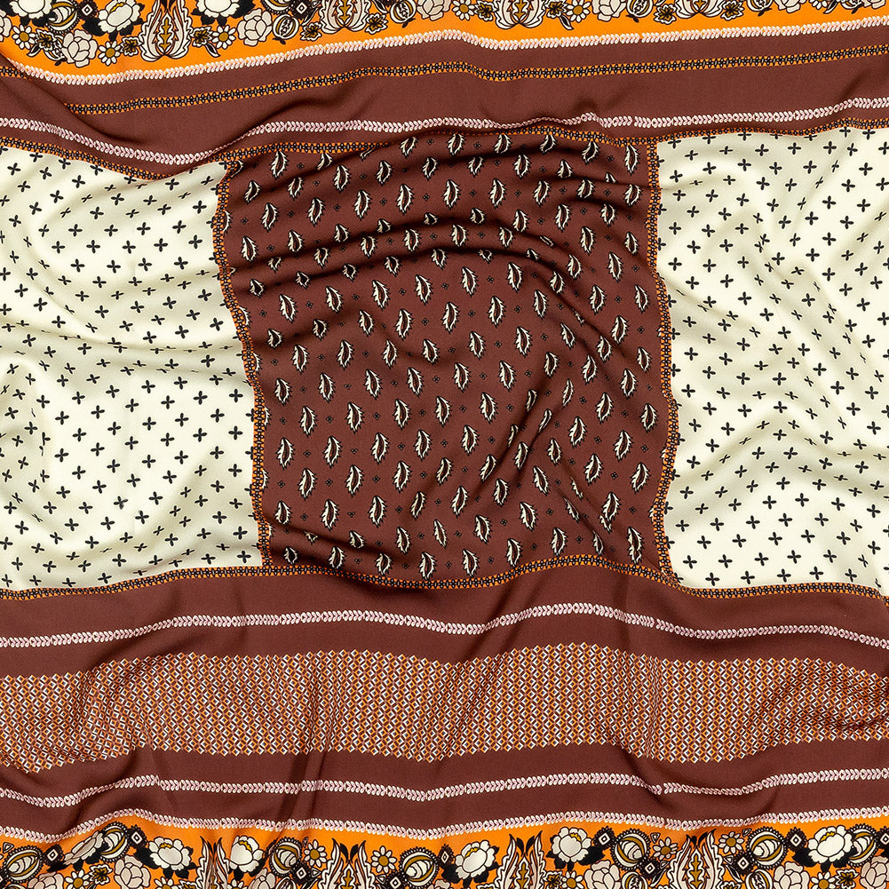 Polyester Crepe de Chine Panel - Brown, White and Orange Paisley Patchwork - Mood Exclusive Tidy Tapestry - Joann Fabrics