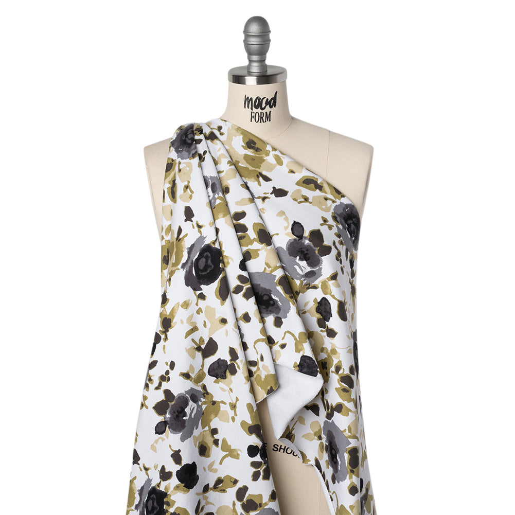 Stretch Cotton French Terry - Olive, Black and White Abstract Roses Print - Deadstock - Joann Fabrics