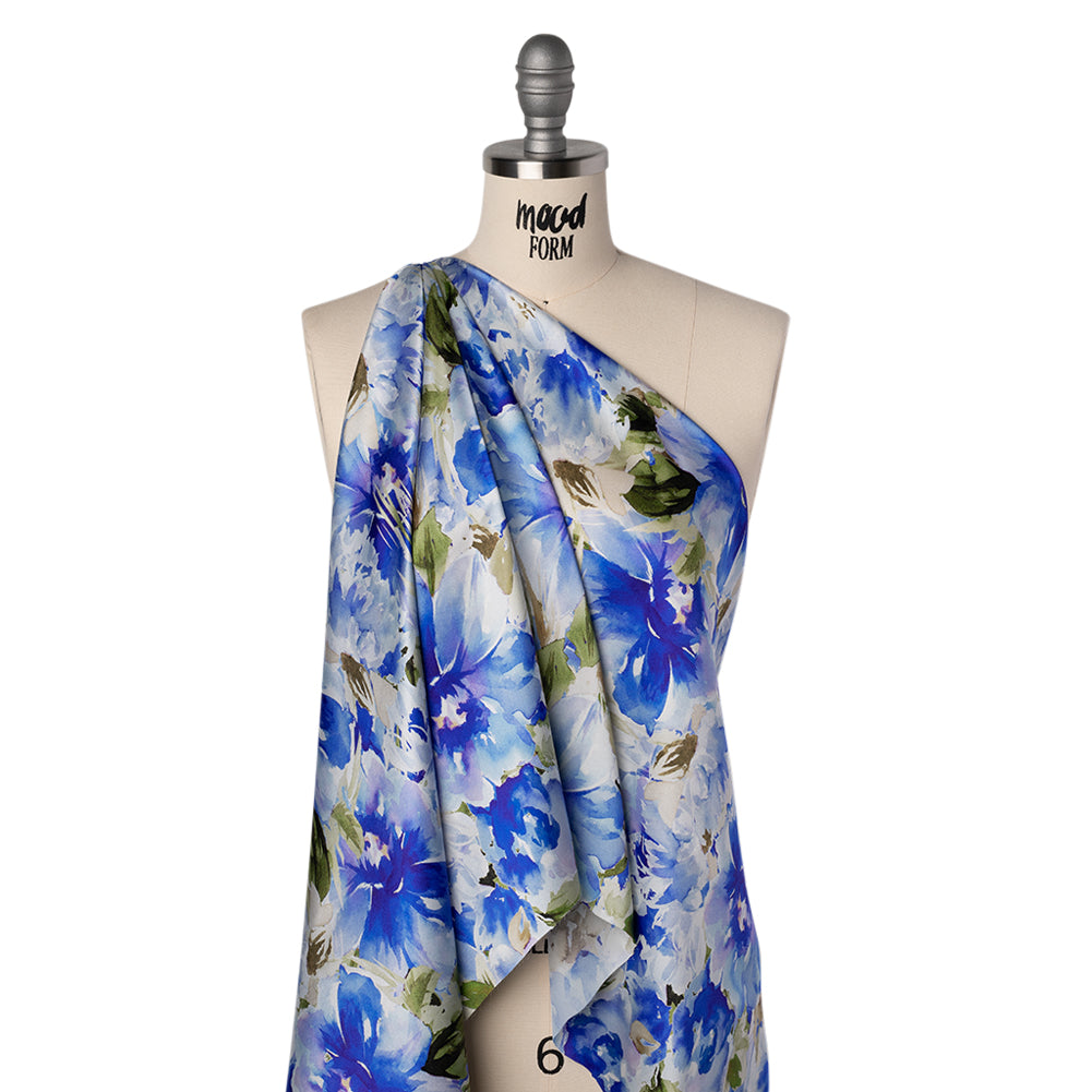 Silk Charmeuse Print 16MM, Made in Italy - Ultramarine Blue and Olive Green Watercolor Flower Garden - Joann Fabrics