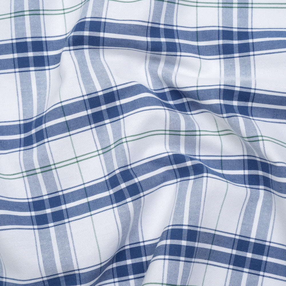 Cotton Oxford Shirting - Classic Blue, White and Leaf Green Plaid - Deadstock - Joann Fabrics