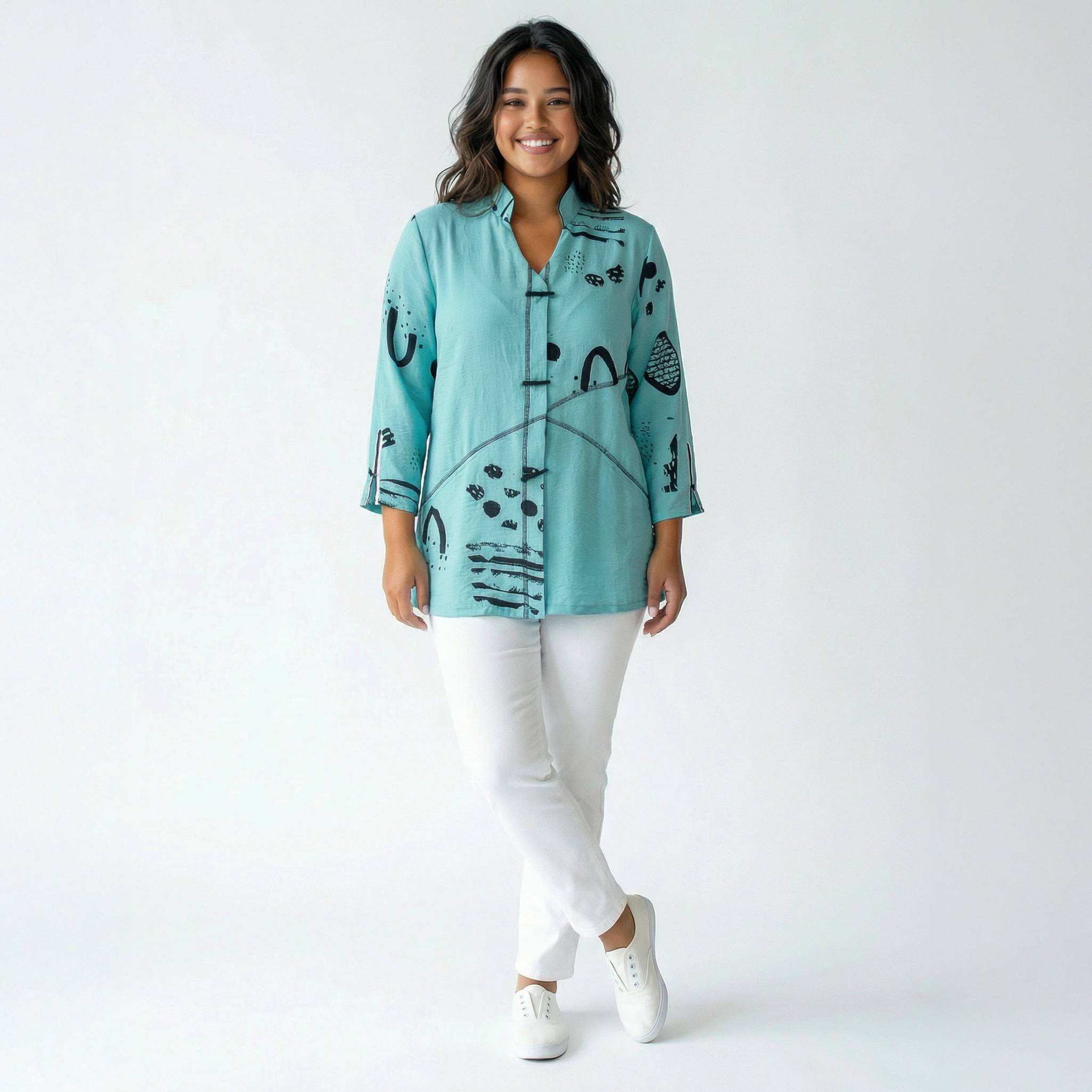 Brushstroke Collared Button-Front Tunic Shirt, Wired Collar, 3/4 Sleeves - Northstyle Catalog