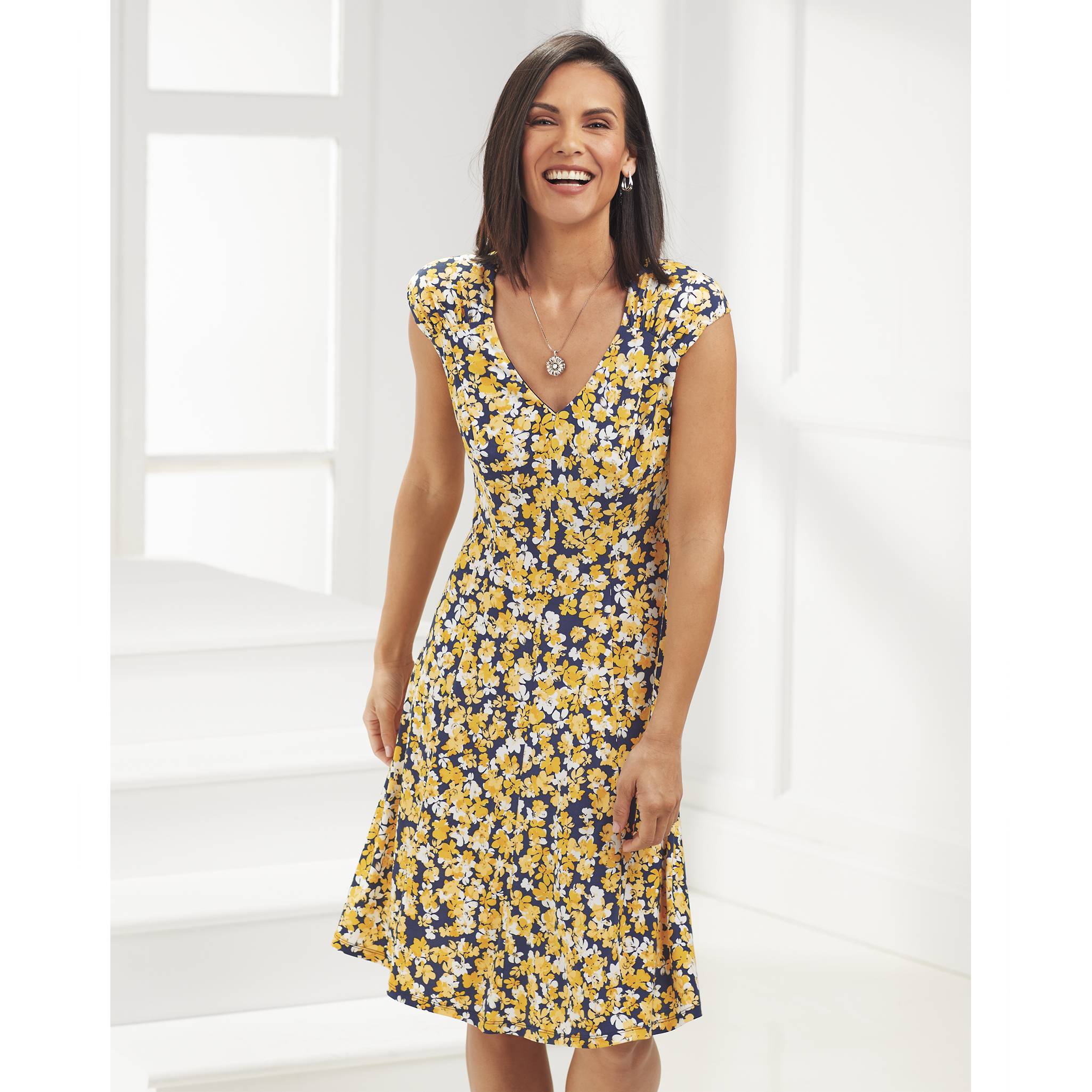 Scattered Flowers Dress, Fit and Flare, Extended Shoulders, V-Neck - Northstyle Catalog
