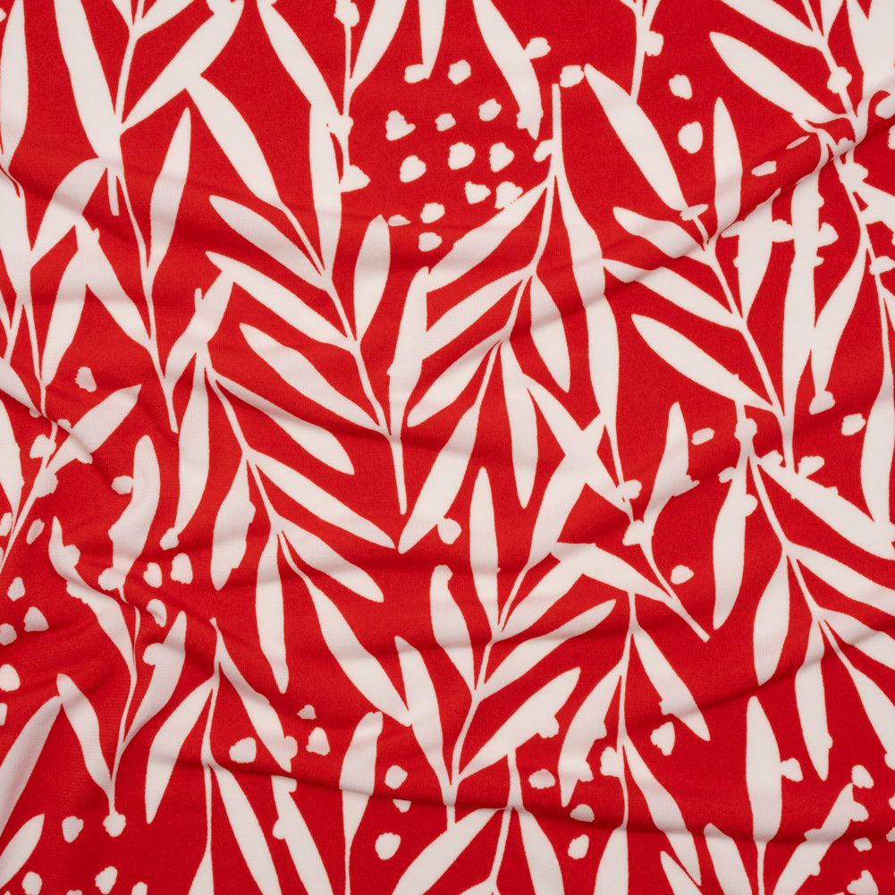 Stretch Polyester Tricot - Scarlet Red and White Leafy Stems - Designer Deadstock - Joann Fabrics