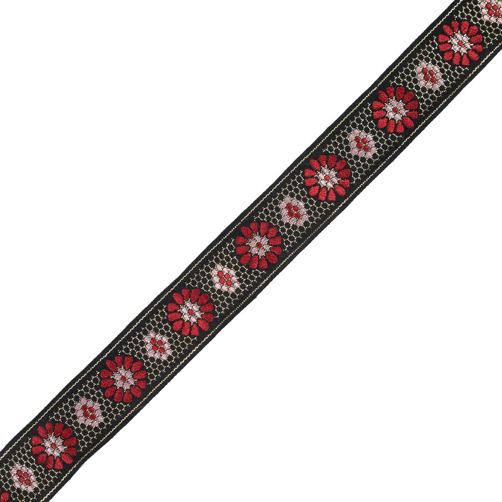 Black, Red and Pink Metallic Geometric Jacquard Ribbon - 1.5